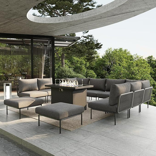 11 Piece Modern Outdoor Rope Wicker Sectional Patio L-Shaped Conversation Sofa Set Deep Seating with Fire Pit Table