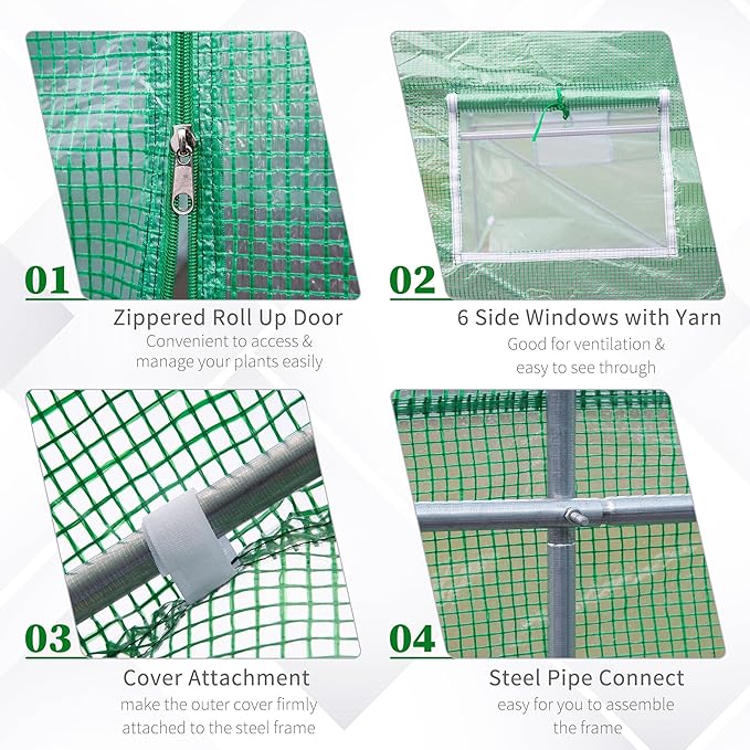 Outsunny 11.5' x 10' x 6.5' Outdoor Walk-in Greenhouse, Tunnel Green House with Roll-up Windows, Zippered Door, PE Cover, Heavy Duty Steel Frame, Green