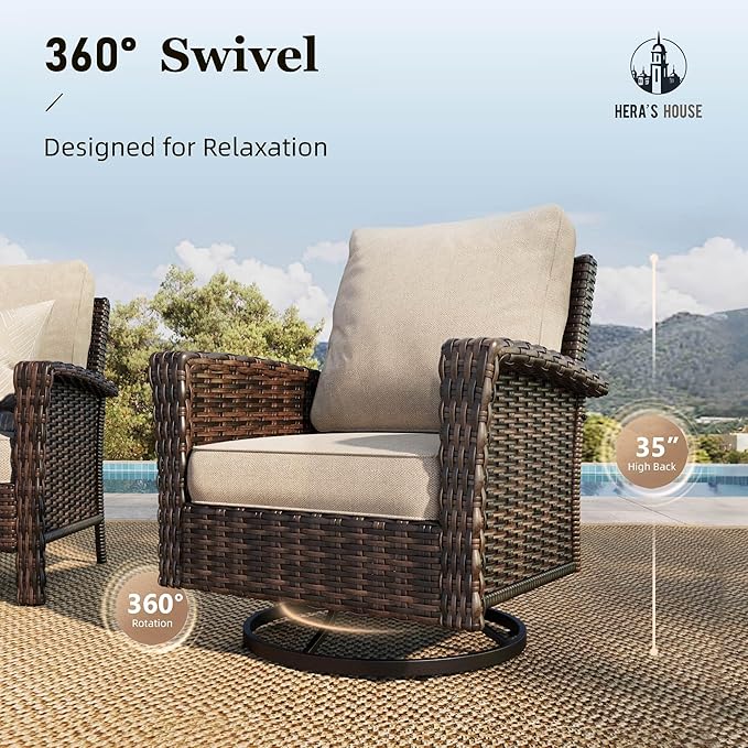 HERA'S HOUSE High Back Patio Furniture Set with Swivel Chairs, Outdoor Wicker Furniture with 5.5" Thick Cushions, Outside Conversation Sofa Sets for Backyard Deck Lawn, Beige