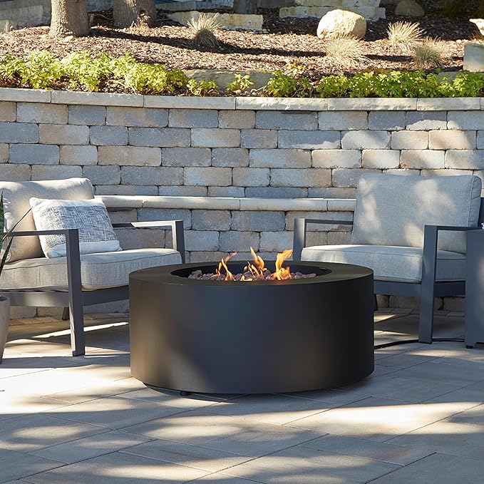 Real Flame Aegean 36" Round Propane or Natural Gas Fire Pit Table, 50,000 BTU, Powder-Coated Steel, Push-Button Ignition, CSA Certified, Lava Rock, Storage Cover, Stainless Steel Burner with Lid