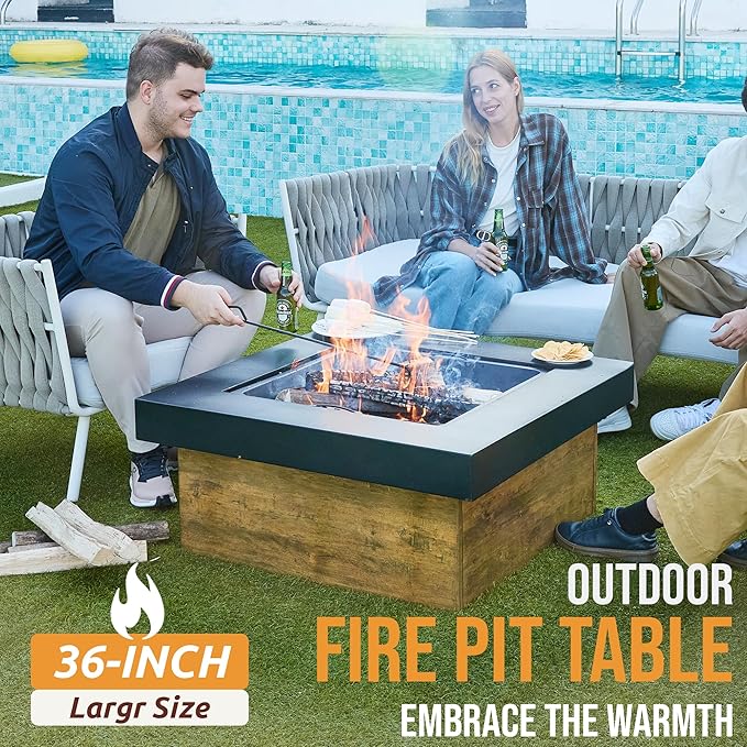 36" Firepits for Outside，Wood Burning Fire Pit with Wood-Grain Side Panels,Firepit for Outside with Mesh Cover & Fire Poker,Square Modern Outdoor Fireplace Fire Table.