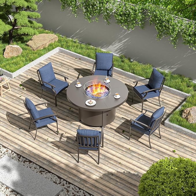7 Pieces Patio Furniture Set with Round Fire Pit Table, Outdoor Conversation Sets 6 Chairs with Upgrade Cushions for Patio, Backyard Dark Blue