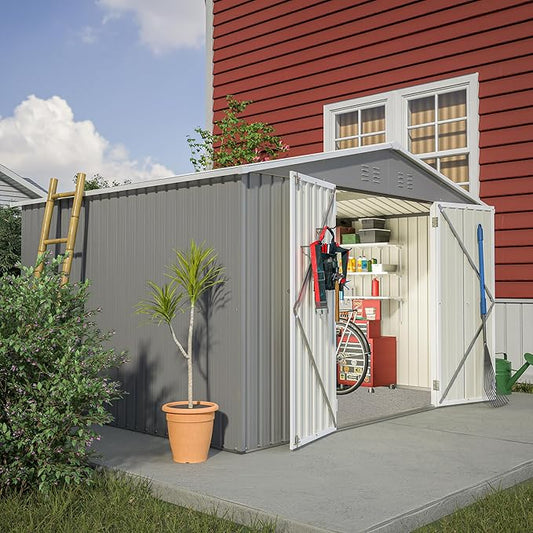 8x10 FT Outdoor Storage Shed, Metal Garden Shed with Lockable Hinged Doors, Outside Tool Shed with Sloped Roof & 4 Air Vents, Waterproof Storage Building for Backyard, Patio, Lawn, Gray