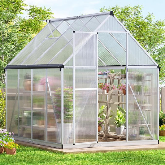 6x8 FT Greenhouse for Outdoors, Polycarbonate Green House with Quick Assembly Structure and Roof Vent, Large Aluminum Walk-in Green House for Outside Garden Backyard, Silver