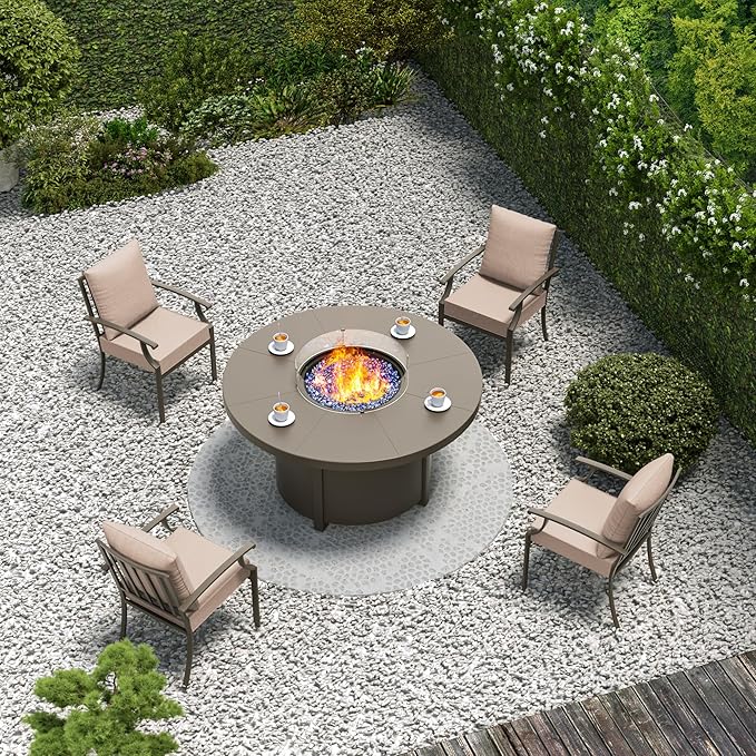 5 Pieces Patio Furniture Set with Round Fire Pit Table, Outdoor Conversation Sets 4 Chairs with Upgrade Cushions for Patio, Backyard Brown