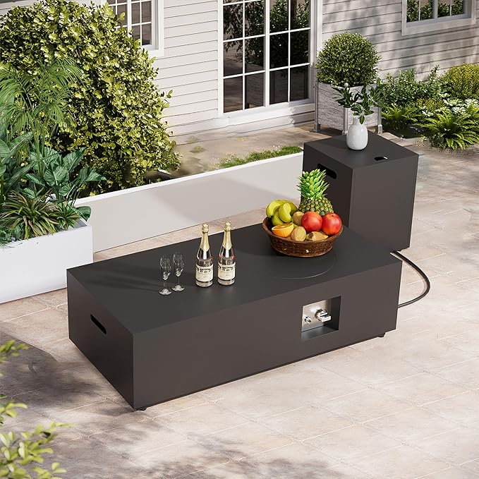 48" Rectangular Propane Firepit with Round Burner – 50,000 BTU Fire Pit Table with Lid, Rocks, Cover and Tank Storage – Outdoor Modern Fireplace for Deck or Patio (Black, 48" Standard)