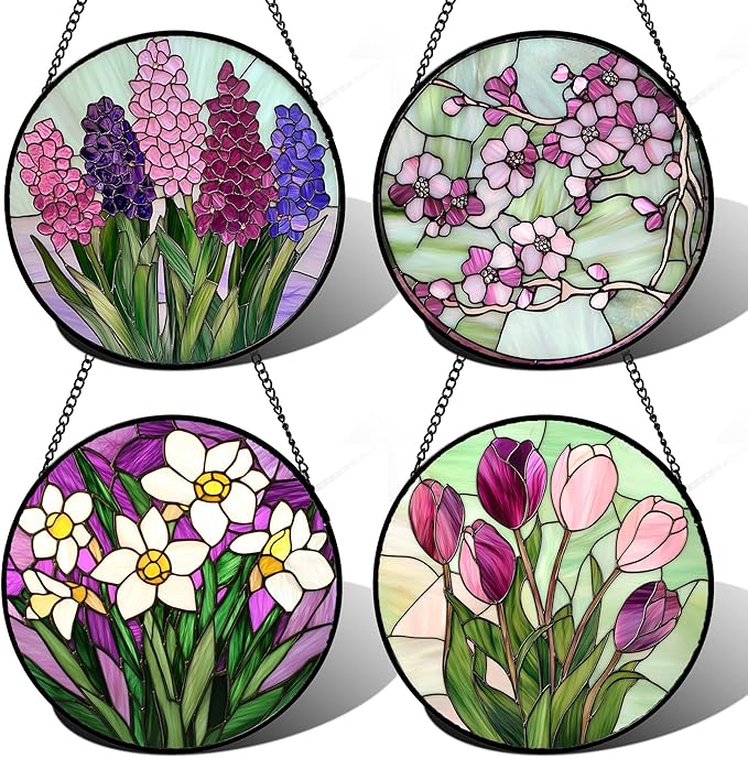 AMDERVEN Stained Glass Window Hanging 4 Pcs Set Tulips Plum Flower Daffodils Hyacinths 9.8" - Suncatcher Door Garden Sun Catcher Decor Birthday Mother's Day for Mom Woman Nana