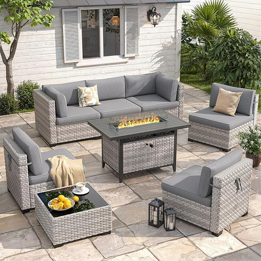 6-Seat Modern Outdoor Wicker Rattan Patio Furniture Set with 55,000 BTU Fire Pit Table, Thick 4″ Cushions, All-Weather Dual-Strand Rattan, Rust-Resistant Steel Frame,Gray