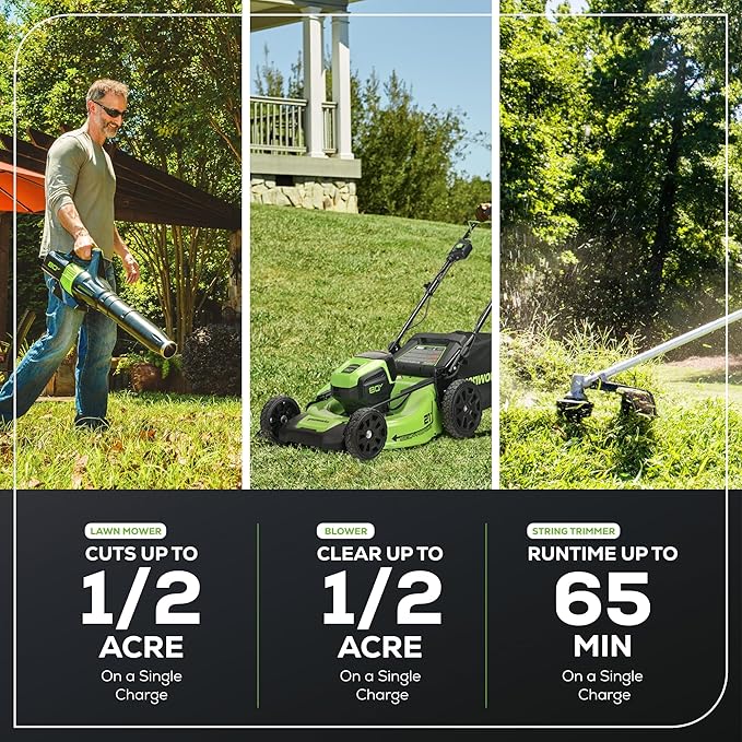 Greenworks 80V 21” Brushless (Self-Propelled) Cordless Electric Lawn Mower + (580 CFM) Axial Leaf Blower + 16” (Attachment Capable) String Trimmer, 4.0Ah Battery and 60 Minute Rapid Charger