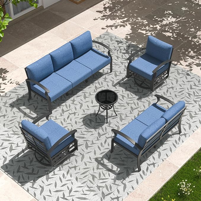 Aluminum Patio Furniture Set, 7 Seats Outdoor Patio Conversation Set with Swivel Chair Modern Metal Patio Sectional Sofa with Upgrade Cushions for Patio, Backyard Navy