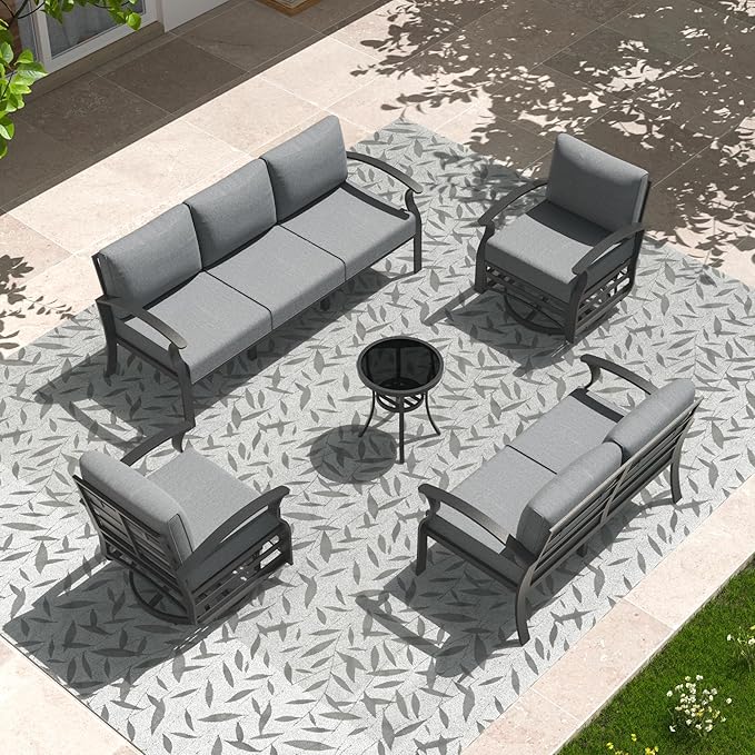 Aluminum Patio Furniture Set, 7 Seats Outdoor Patio Conversation Set with Swivel Chair Modern Metal Patio Sectional Sofa with Upgrade Cushions for Patio, Backyard Grey