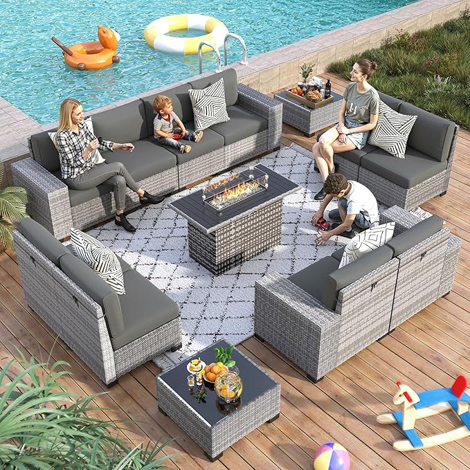 13 Piece Patio Furniture Set with Fire Pit Table, Outdoor Conversation Sets Grey Wicker Rattan Sectional Sofa, 4'' Thickened Cushion Dark Grey (Include Waterproof Cover)