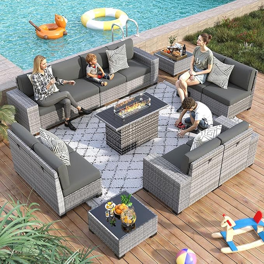 13 Piece Patio Furniture Set with Fire Pit Table, Outdoor Conversation Sets Grey Wicker Rattan Sectional Sofa, 4'' Thickened Cushion Dark Grey (Include Waterproof Cover)