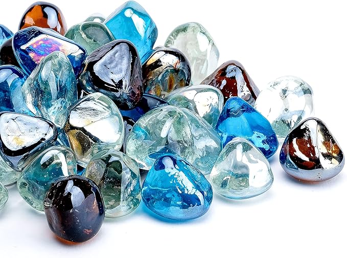 Fire Glass Diamond 1 Inch Fire Pit Glass Rocks for Propane or Gas Fire Pit (Gift Package) (20 Pounds, White/Amber/Margarita Azura Blue Blend)