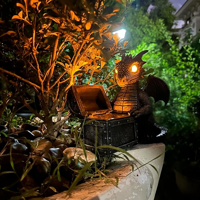 Jy.Cozy Garden Dragon Statue Solar Powered Outdoor Figurine Light Decor Cute and Hold Glowing Treasure Chest Resin Sculpture Home Decoration for Porch Patio Lawn Farm Yard Housewarming Ornament Gift