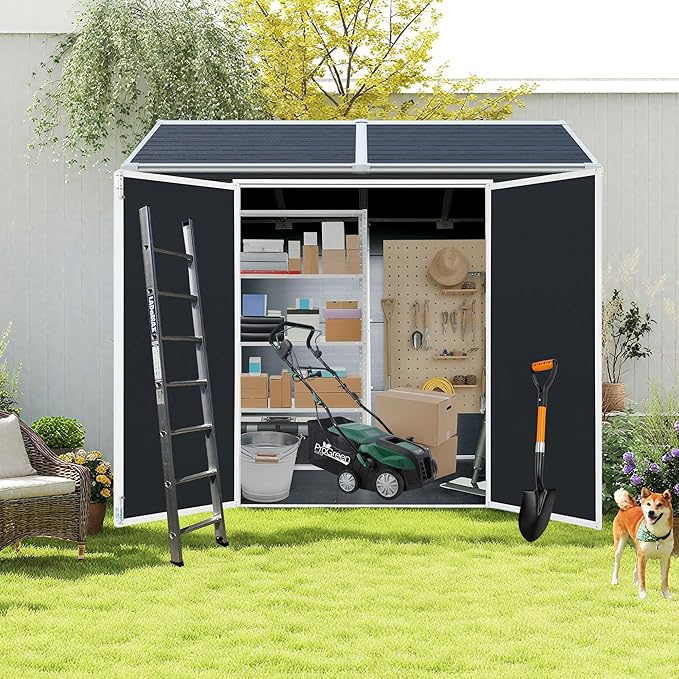 Storage Shed 8x6 ft Outdoor Resin Shed with Floor, Plastic Sheds with Two Windows and Lockable Double Door, Waterproof Garden Shed with Vents, Tool Sheds for Backyard, Patio, Lawn, Black