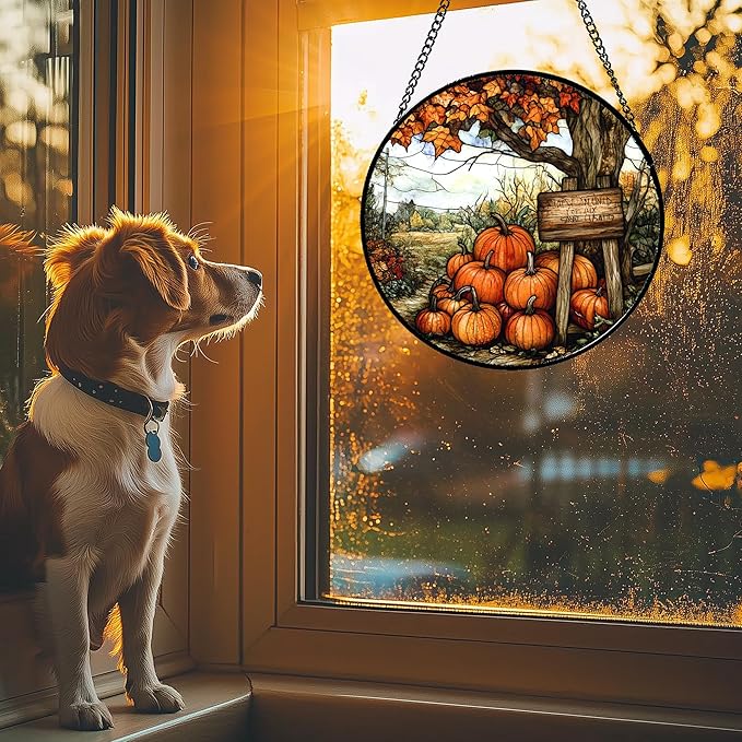 DASTOLL Stained Glass Window Hanging Fall Farm Scenery Maple Trees Pumpkin Large 11.8" - Suncatcher Door Garden Kitchen Sun Catcher Autumn Decor Birthday for Mom Nana Men Woman Friend