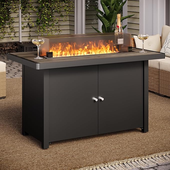 LAUSAINT HOME Propane Fire Pit Table 43 Inch with Lid, 55,000 BTU Gas Fire Pits for Outside Patio with Glass Wind Guard, Gray Glass Beads