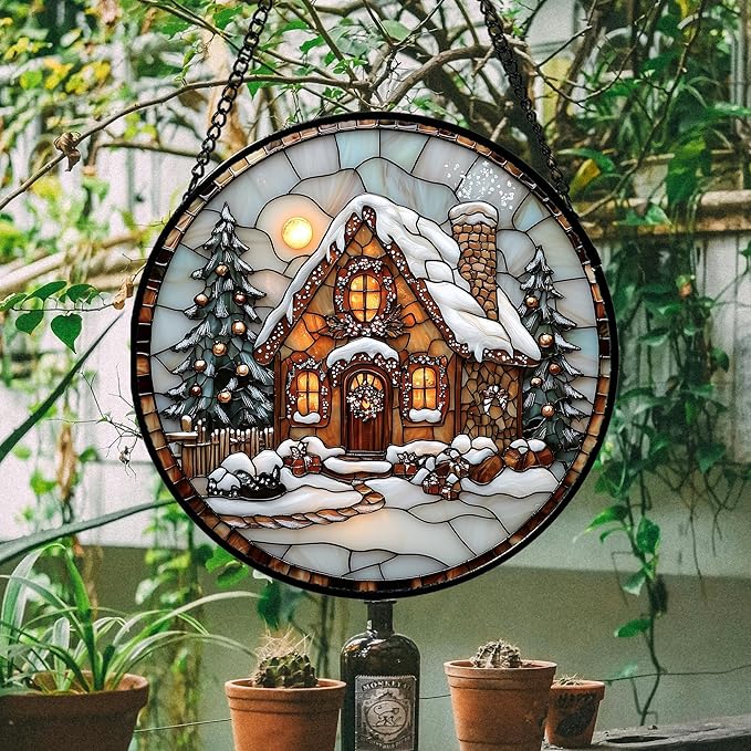 AMDERVEN Stained Glass Window Hanging - Christmas Tree Cottage Sun Catcher for Door Garden Home Winter Decor Snowy Night Suncatcher Mother's Day Birthday Gifts for Women Men Mom Nana 15 in