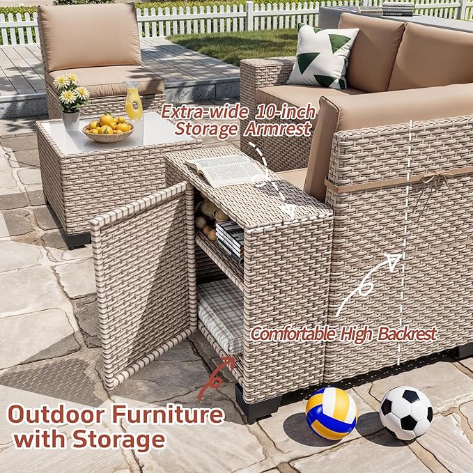 12 Pieces Patio Furniture Set, Outdoor Sectional Wicker Sofa with Thickened Cushions and Coffee Table, High Back Rattan Patio Conversation Sets for Garden Backyard, Khaki
