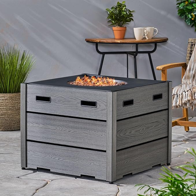 Propane Fire Pit Table, 31.25" WPC Base Firepits for Outside, Square Gas Fire Pit for Outside Patio, Propane Fire Table for Deck, Pool, 40,000BTU, Tank Inside, Tank Not Included, Grey
