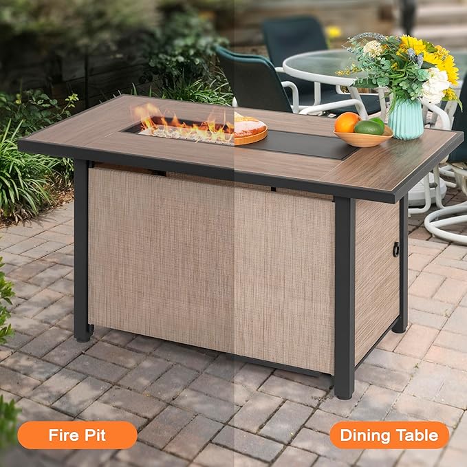 Nuu Garden 43" Propane Fire Pit Table, CSA-Listed Outdoor 50,000 BTU Gas with Lid and Glass Beads, 2-in-1 Rectangular for Outside Backyard Patio, Light Brown