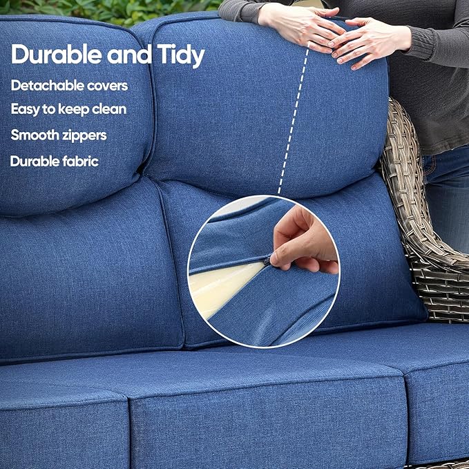 Luxury Patio Sofa 3-Seat Wicker Couch with 6" Thick Cushion - Outdoor Furniture Rattan Sofa with Deep Seating High Back Outdoor Sofa for Patio Garden Balcony Sunroom Backyard, Grey | Blue