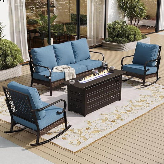 4 Piece Metal Outdoor Patio Furniture Sets with Firepit Table, Patio Conversation Sets 1 3-Seater Sofa, 2 Rocking Sofa with 5.75" Thick Cushion Backyard Furniture for Deck, Denim Blue