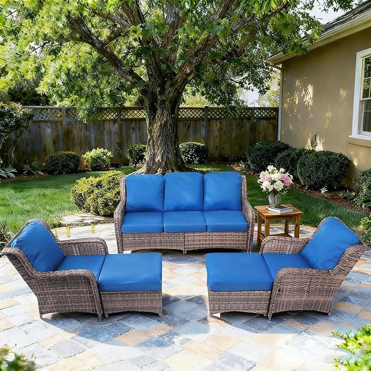 5 Pcs High Back Wicker Patio Furniture Set with Ottoman, Outdoor Sectional Couch Include 3 Seater Couch with Thick Cushion for Balcony Deck Yard and Porch, Blue