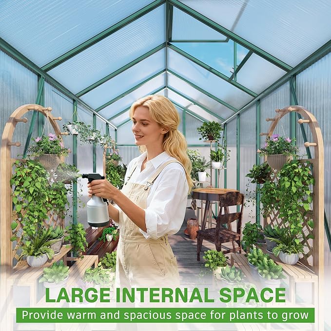 Greenhouse for Outdoors 6.1x6.1x7.2 FT, Polycarbonate Greenhouses with Roof Vent, Lockable Door and Ground Nails, Heavy-Duty Aluminum Walk-in Green House, Large Sunroom for Garden, Green