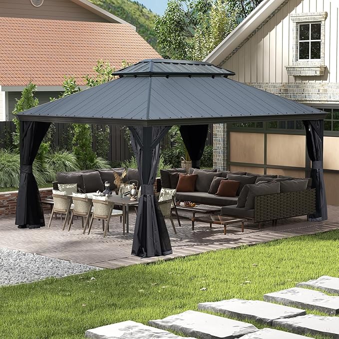 Domi 12’x14’ Hardtop Gazebo with Resin Roof, Outdoor Metal Gazebo with Drainage Gutters, Permanent Heavy Duty Pavilion for Patio, Backyard and Deck, Curtains and Mosquito Netting Included