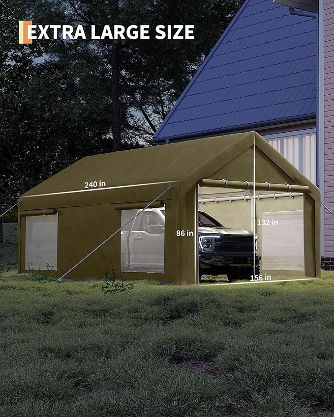 13x20 Ft Carport, Heavy Duty Portable Garage with Roll-Up Doors & 4 Windows,200g PE Tarp Waterproof & UV Protected,All-Weather Design,for Car, Boat, Truck, Motorcycle, ATVs, and SUV