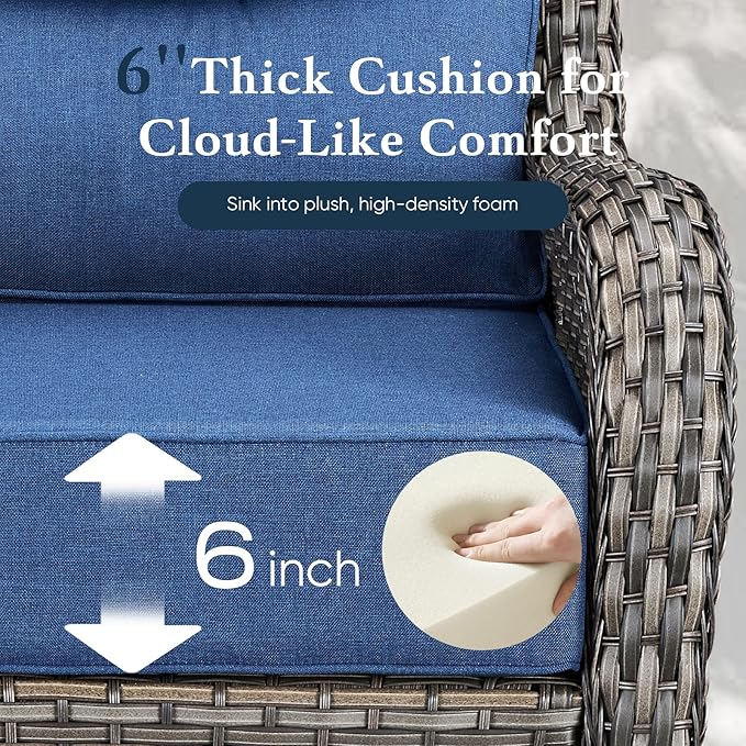 Belord Luxury 6" Thick Cushioned 8 Pieces Patio Furniture Set with Outdoor Couch, Wicker Outdoor Conversation Set with High Back Swivel Rocker Chairs for Deck Porch Yard and Poolside - Grey+Blue