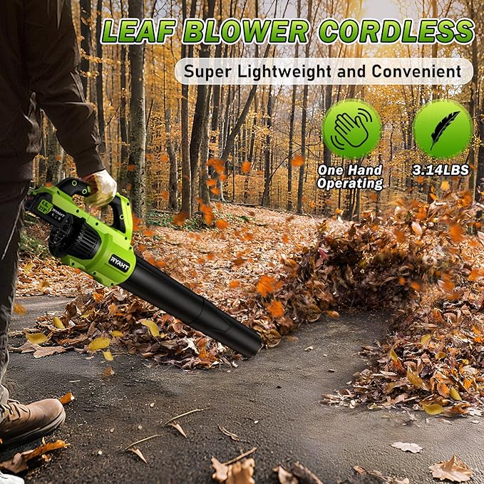 RYAHT Leaf Blower Cordless, Leaf Blower with Battery and Charger - 2 x 4.0Ah Batteries, 2 Speed Modes, 21V Powerful Electric Leaf Blower for Lawn Care, Patio Cleaning and Dust, Green