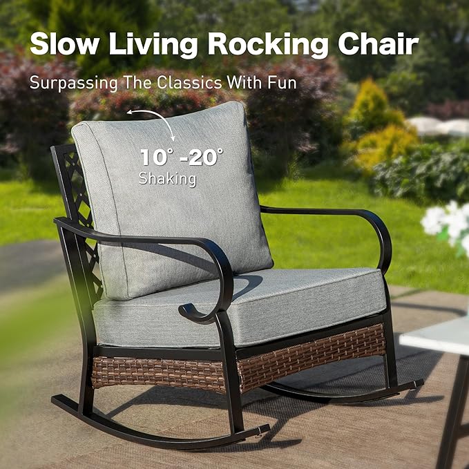 4 PCS Metal Outdoor Patio Furniture Set, Patio Conversation Sets 1 3-Seater Sofa, 2 Rocking Chairs with 5.75" Extra Thick Cushion & Coffee Table, Black Frame Backyard Furniture, Gray