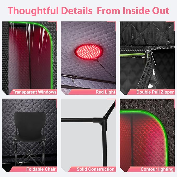 Steam Sauna Tent for Home with Transparent Door, Portable Indoor Sauna with Powerful Steam Heating, Foldable Personal Spa for Relaxation (Single Rectangular – Red Light, Black)