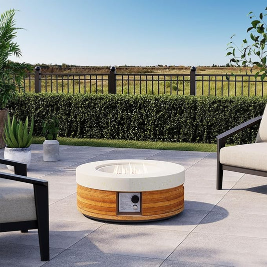 COSIEST 28" Outdoor Propane Fire Pit Table, Small Round Gas Fire Pit Table with Concrete & Log Wood Grain Design, 50000BTU Fire Tables for Patio, Backyard, Garden Heating