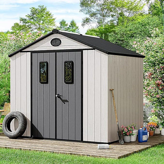 8 x 6 FT Plastic Outdoor Storage Shed with Floor,Garden Resin Shed with Window and Lockable Door, Outside Sheds for Bike, Garbage Can, Tool