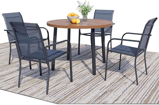 5 Pieces Patio Dining Set for 4, Dark Blue Patio Stackable Chairs and Walnut Round Table Set of 4, Outdoor Furniture Set with Sling Support for Outside, Garden
