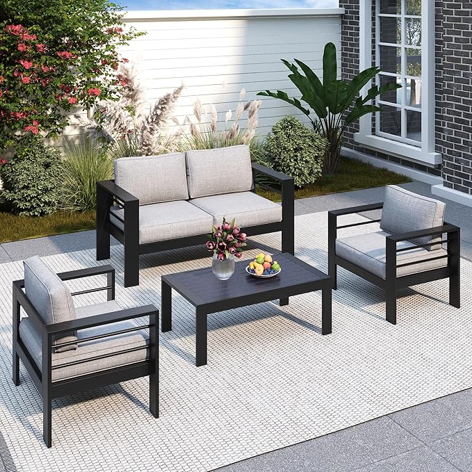 Solaste Outdoor Aluminum Furniture Set - 4 Pieces Patio Sectional Chat Sofa Conversation Set with Table,Black Frame and Grey Cushion