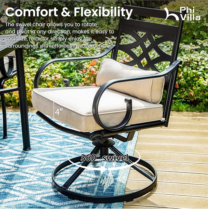 PHI VILLA Patio Dining Chairs Set of 2, Outdoor Swivel Chairs with Cushion and Pillow for Garden Lawn and Deck