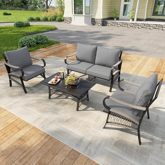 4 Pieces Outdoor Patio Furniture Set, All Weather Metal Loveseat Sofa Chairs with Coffee Table, Conversation Sets for Backyard Garden Deck Poolside Porch, Gray