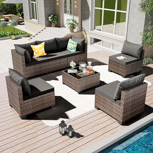 7 Pieces Patio Furniture Set - Outdoor Sectional Wicker Rattan Furniture with Cushion and Glass Table Patio Conversation Sets for Porch Poolside Backyard Outdoor Sofa Set Modular Sofa