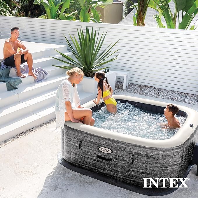 INTEX 28451EH PureSpa Greystone Deluxe Spa Set: Includes Energy Efficient Spa Cover - 170 Bubble Jets - Square Design - 6 Person Capacity - 77" x 28"