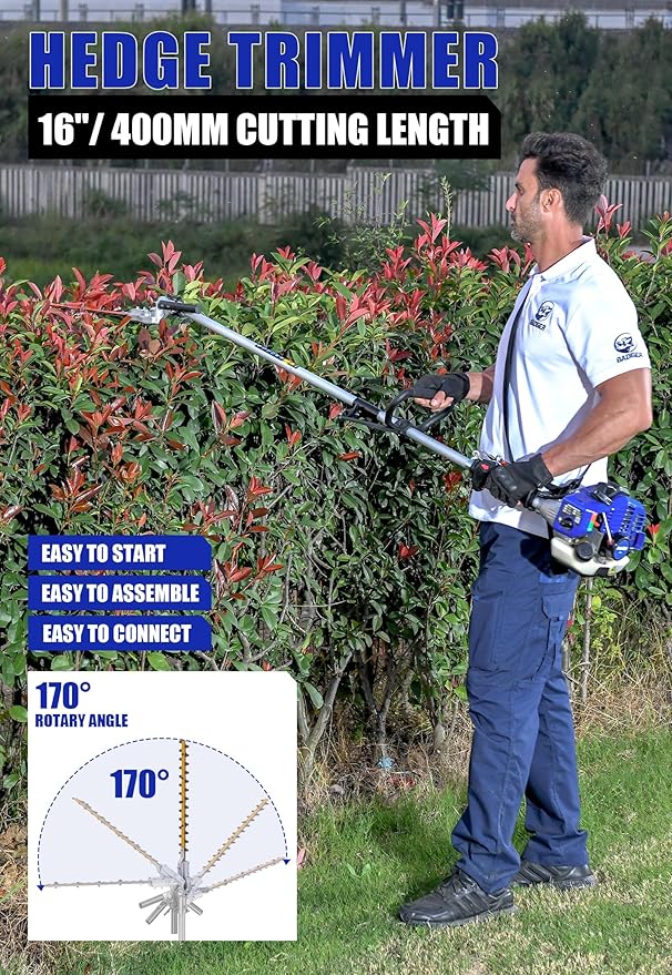 WILD BADGER POWER 26cc Weed Wacker Gas Powered, String Trimmer/Edger, Pole Saw, Hedge Trimmer and Brush Cutter Blade, 4-in-1 Multi Yard Care Tools, Rubber Handle & Shoulder Strap Included