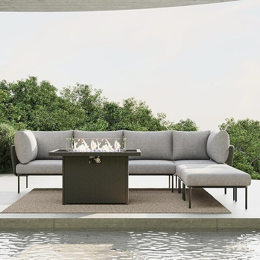 7 Piece Modern Outdoor Rope Wicker Sectional Patio L-Shaped Conversation Sofa Set Deep Seating with Fire Pit Table