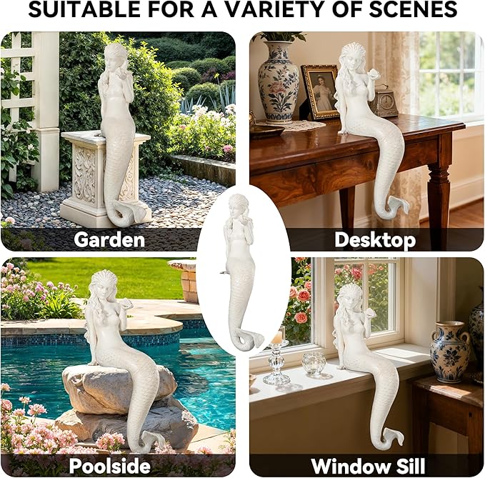 Ultym Mermaid Statue Outdoor, Large 25.6 Inch Garden Sculpture Figurines for Lawn and Patio Decor, Durable MGO Stone Yard Art with Weatherproof Finish for Indoor Decor Christmas Gift Antique White