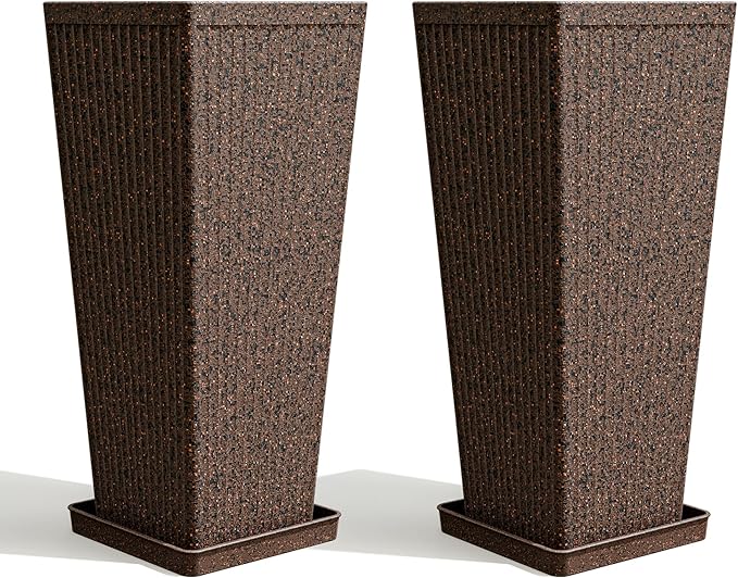 Tapered Tall Planters for Outdoor Plants 2 Pack- 23.6 Inch Heavy-Duty Classic Square Indoor Flower Pots with Drainage Holes/Partition/Tray, Large Outdoor Planters for Porch Patio, Brown