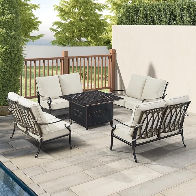 Oakland Living RICA-4LS-RONIN-LGCU-AC Black Aluminum Patio Fire Table Set with Four Deep Seating Loveseat with Cushions, Antique Copper