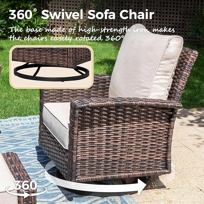 4-Piece Wicker Patio Furniture Set with Swivel Chairs, High Back Outdoor Sofa with 5.5-inch Thick Cushion, All-Weather Patio Table and Chairs Set for Deck Yard Pool, Beige